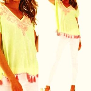 Pulitzer Embroidered Kathleen Tunic W Pink Fringe Lemon Drop S/m